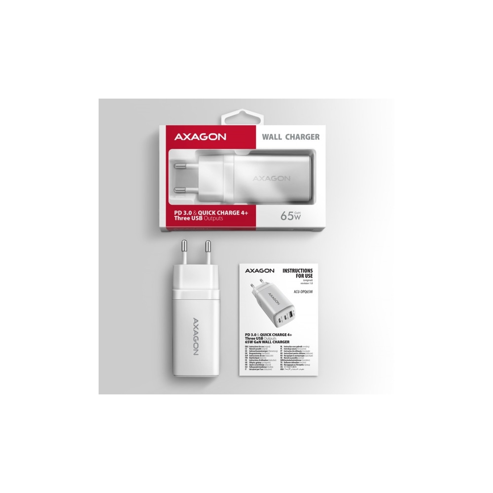 Produktbild för AXAGON ACU-DPQ65W strömadapter - USB typ A, 2 x USB-C - 65 Watt