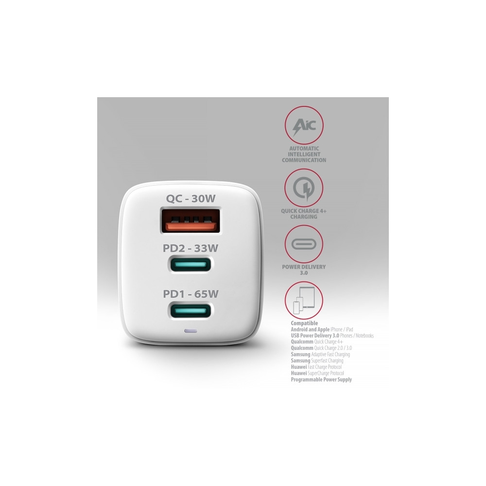 Produktbild för AXAGON ACU-DPQ65W strömadapter - USB typ A, 2 x USB-C - 65 Watt
