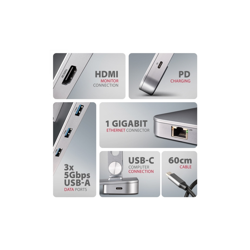 Produktbild för AXAGON HMC-STND - dockningsstation + ställ för bärbar dator - USB-C 3.2 Gen 1 - HDMI - 1GbE