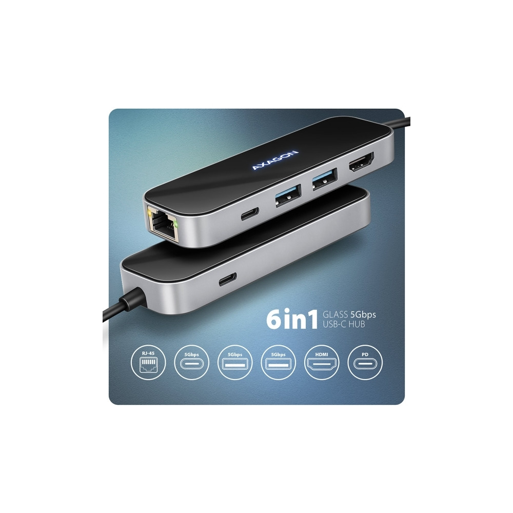 Produktbild för AXAGON HMC-6GLN Glass - dockningsstation - USB-C 3.2 Gen 1 / USB 3.0 / USB4 / Thunderbolt 3 / Thunderbolt 4 - HDMI - 1GbE