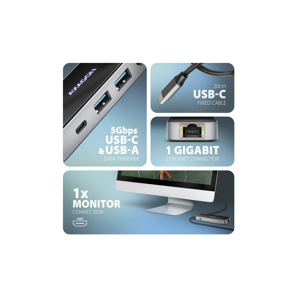 Produktbild för AXAGON HMC-6GLN Glass - dockningsstation - USB-C 3.2 Gen 1 / USB 3.0 / USB4 / Thunderbolt 3 / Thunderbolt 4 - HDMI - 1GbE