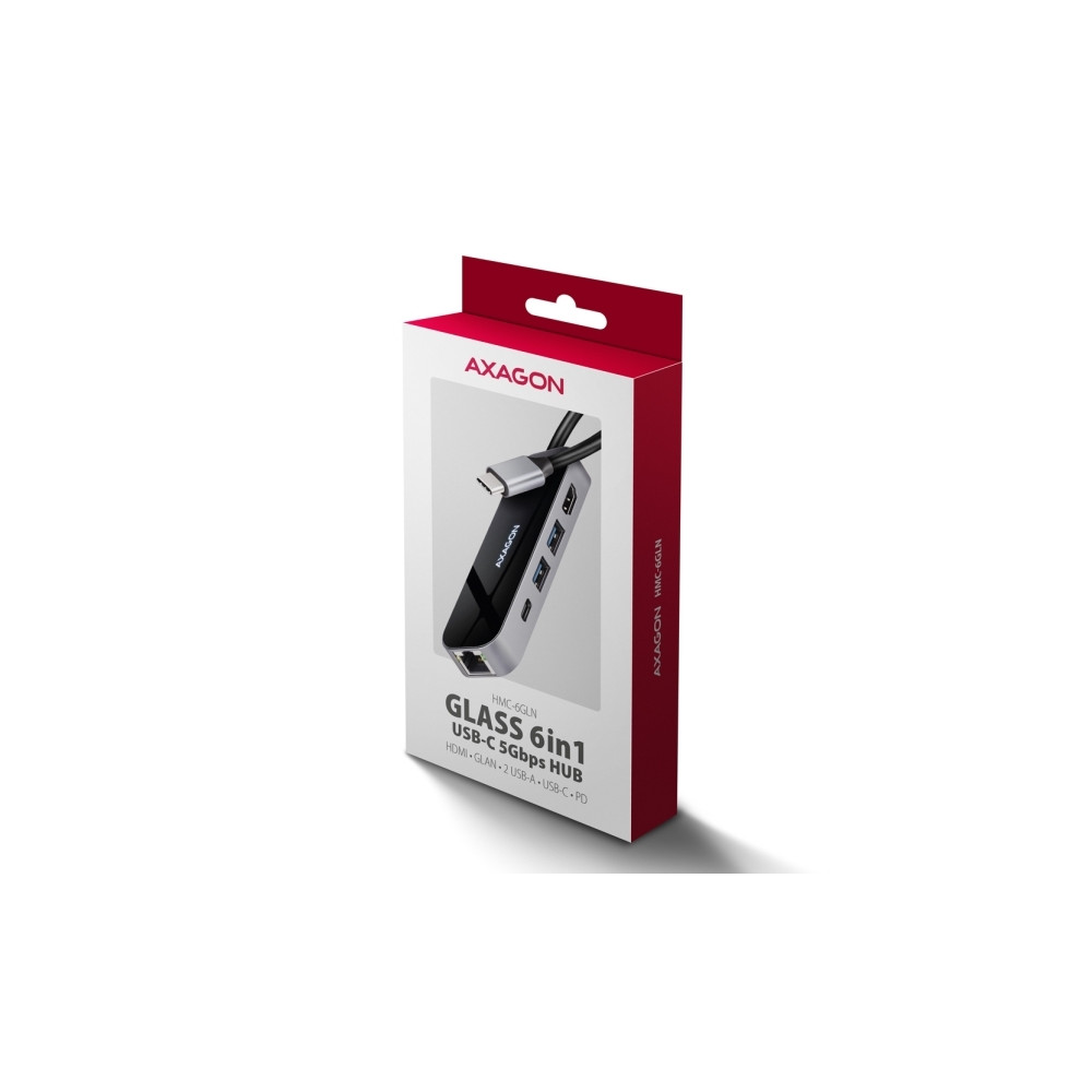 Produktbild för AXAGON HMC-6GLN Glass - dockningsstation - USB-C 3.2 Gen 1 / USB 3.0 / USB4 / Thunderbolt 3 / Thunderbolt 4 - HDMI - 1GbE