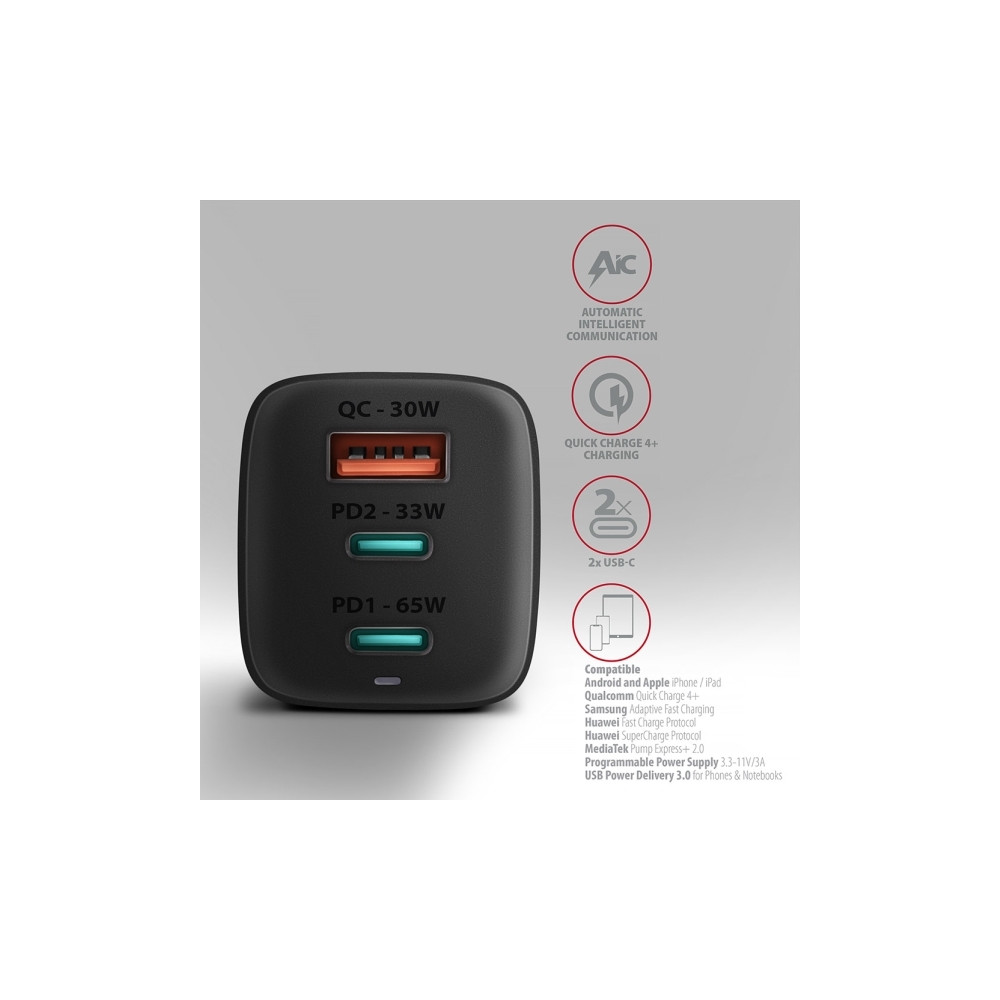 Produktbild för AXAGON ACU-DPQ65 strömadapter - USB typ A, 2 x USB-C - 65 Watt