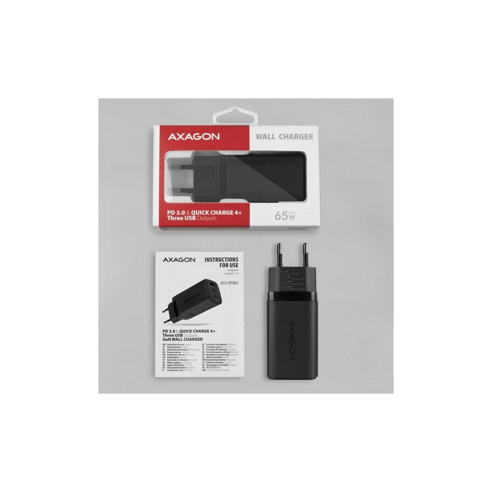 Produktbild för AXAGON ACU-DPQ65 strömadapter - USB typ A, 2 x USB-C - 65 Watt
