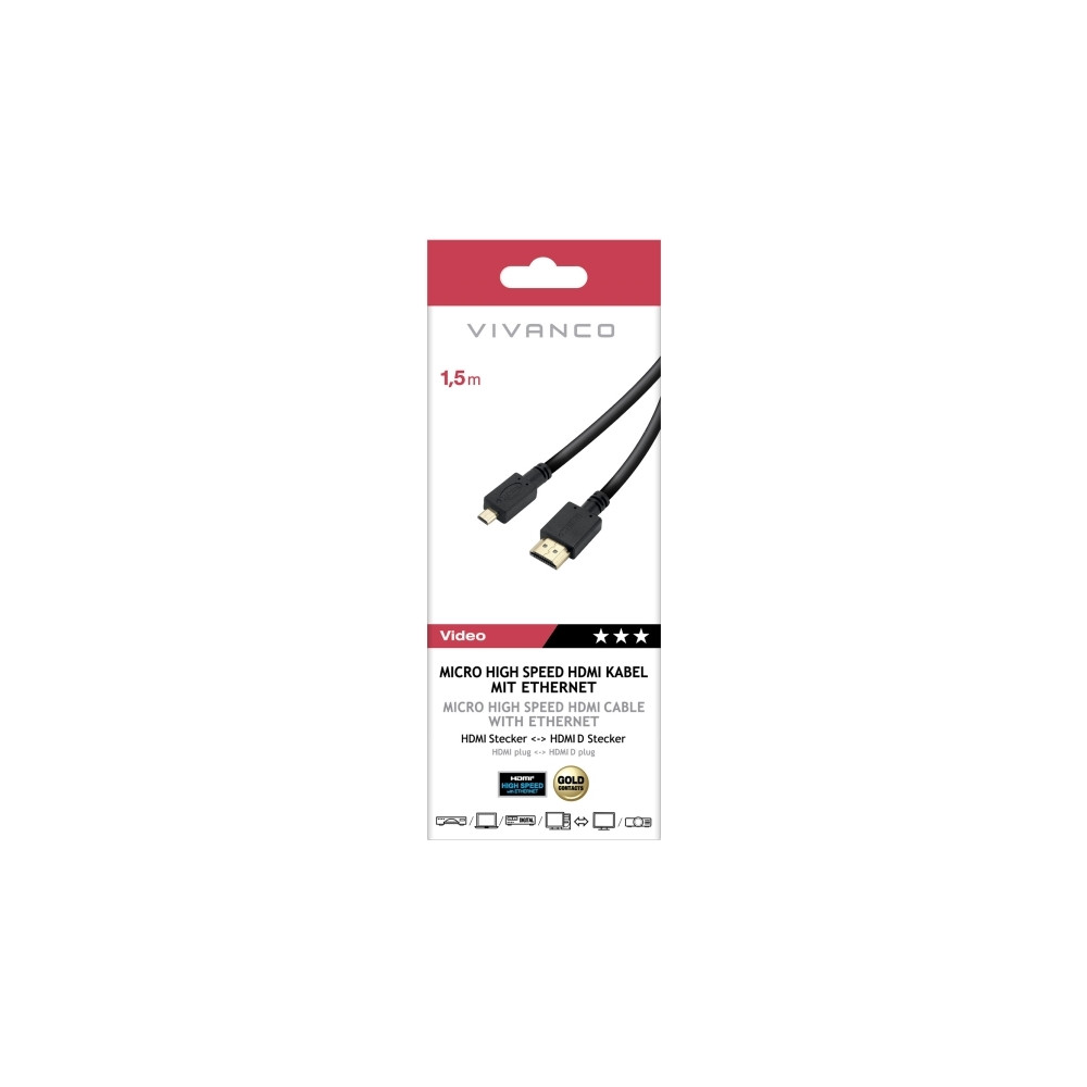 Produktbild för Vivanco VVVHDMI15MICRO, 1,5 m, HDMI Typ A (standard), HDMI T...