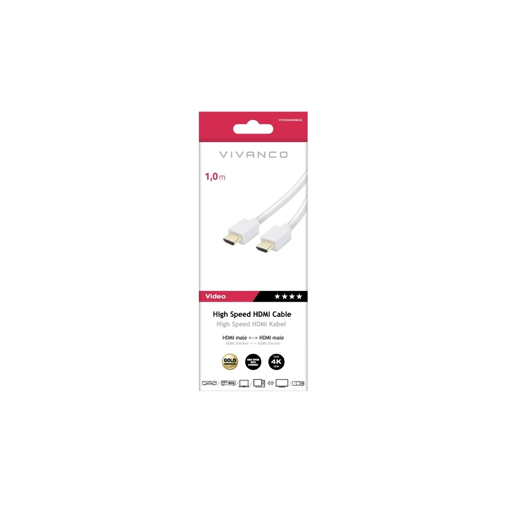 Produktbild för Vivanco VVITCABHDMIET100W, 1 m, HDMI Typ A (standard), HDMI...