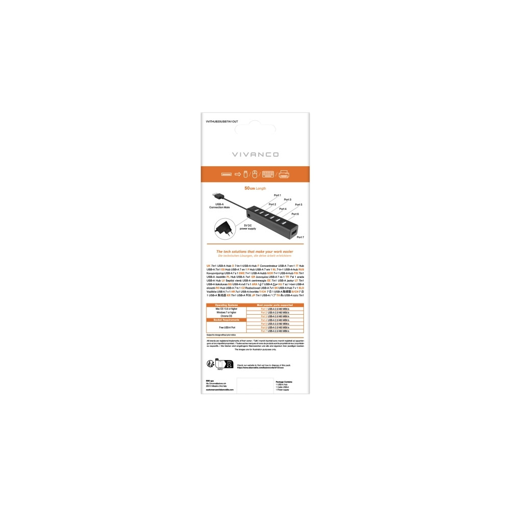 Produktbild för Vivanco VVITHUB20USB7IN1OUT, USB 2.0 Type-A, USB 2.0 Type-A,...