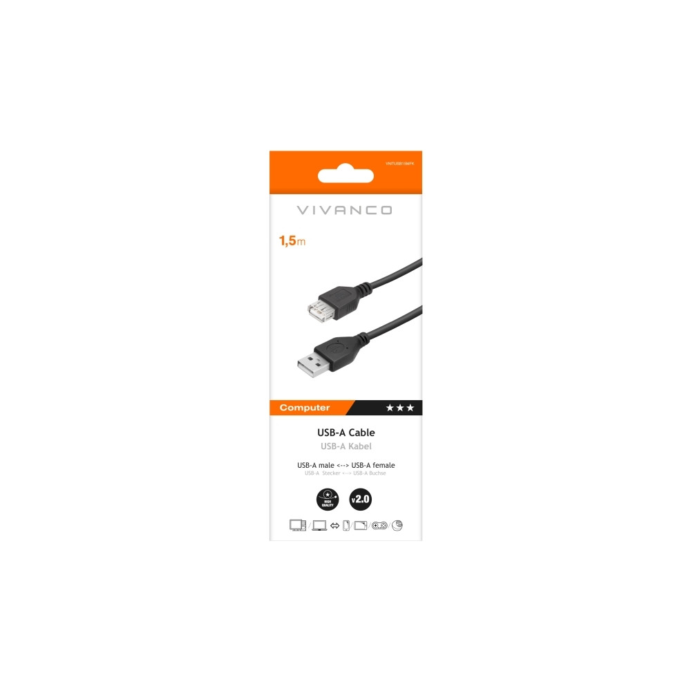 Produktbild för Vivanco höghastighets USB-A hane till hona-kabel för dataöve...