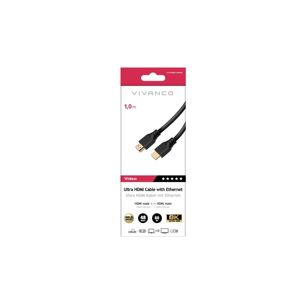 Produktbild för Vivanco VVVHDMI8K10MMGK, 1 m, HDMI Typ A (standard), HDMI Ty...