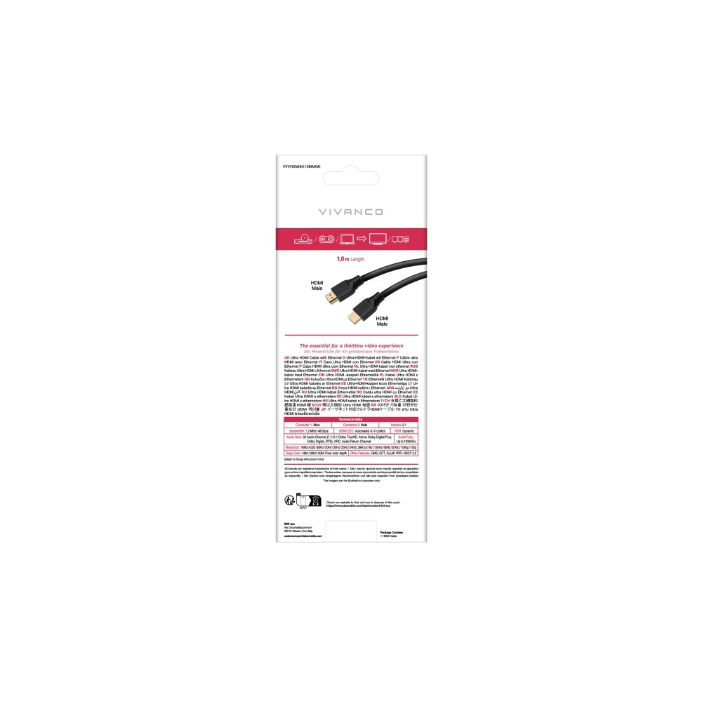 Produktbild för Vivanco VVVHDMI8K10MMGK, 1 m, HDMI Typ A (standard), HDMI Ty...