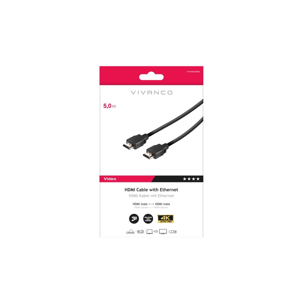 Produktbild för Vivanco VVVHDMI50MMK, 5 m, HDMI Typ A (standard), HDMI Typ A...