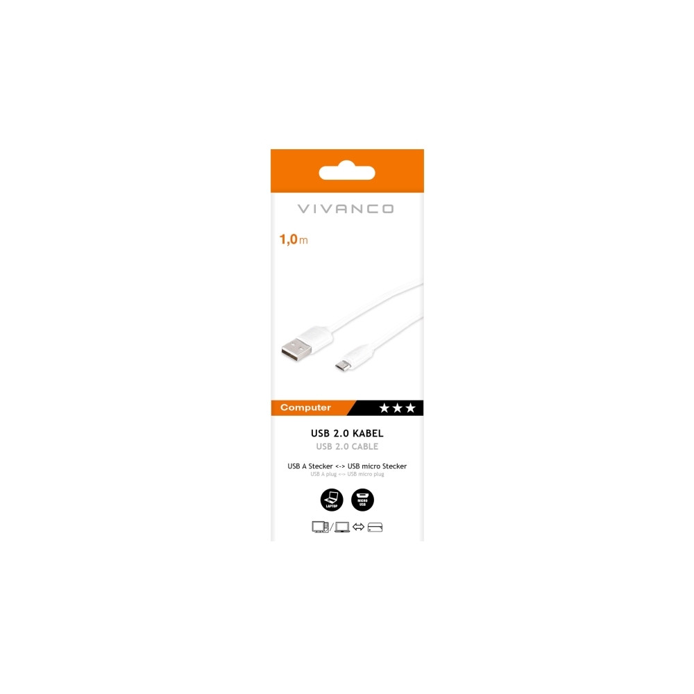Produktbild för Vivanco VVITUSBMICUSBA10W, 1 m, USB A, Micro-USB B, USB 2.0,...