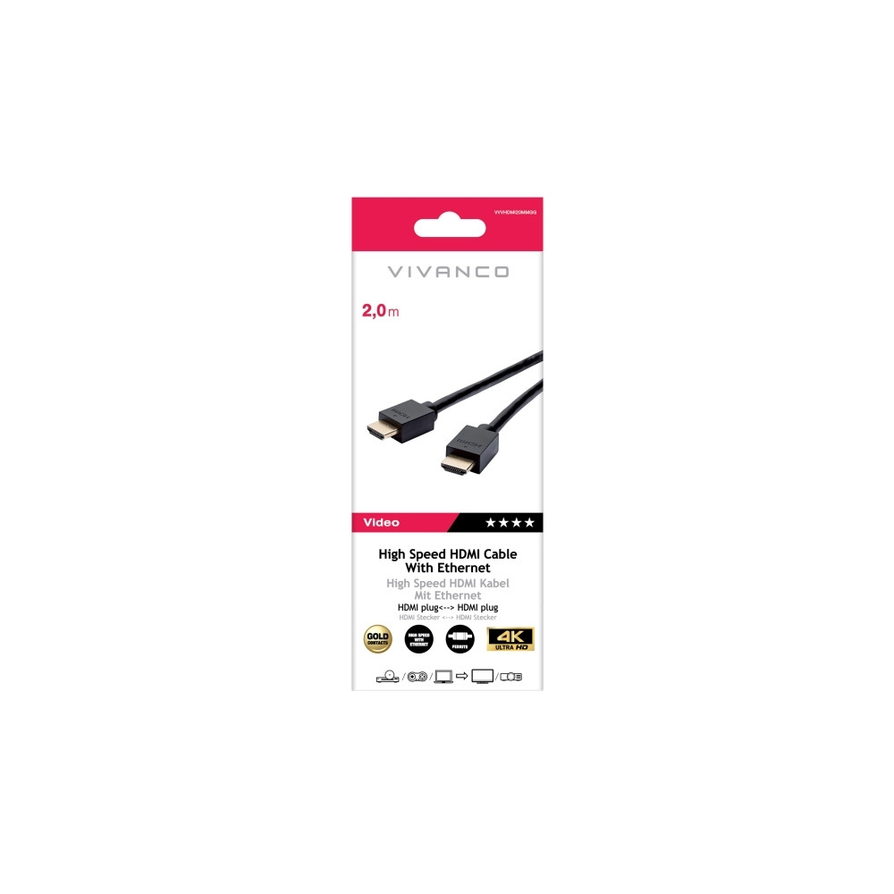 Produktbild för Vivanco VVVHDMI20MMGG, 2 m, HDMI Typ A (standard), HDMI Typ...