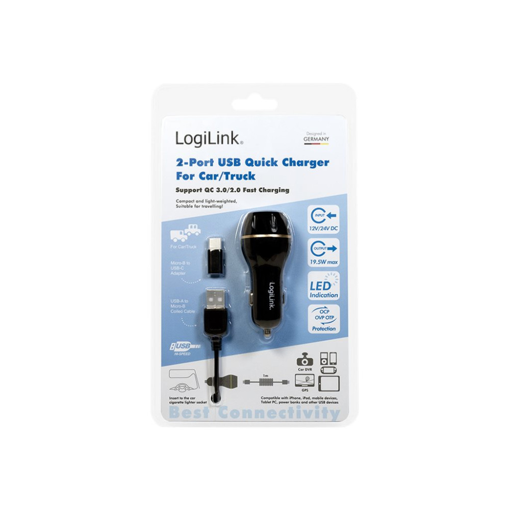Produktbild för LogiLink strömadapter för bil - 2 x USB - 19.5 watt