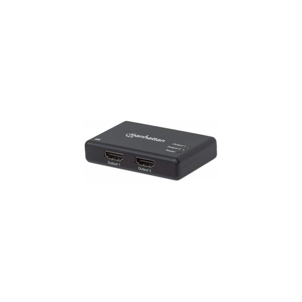 Produktbild för Manhattan HDMI Splitter 2-Port , 4K@30Hz, Displays output from x1 HDMI source to x2 HD displays (same output to both displays), AC Powered (cable 0.9m), Black, Three Year Warranty, Retail Box - video/audiosplitter - 2 portar