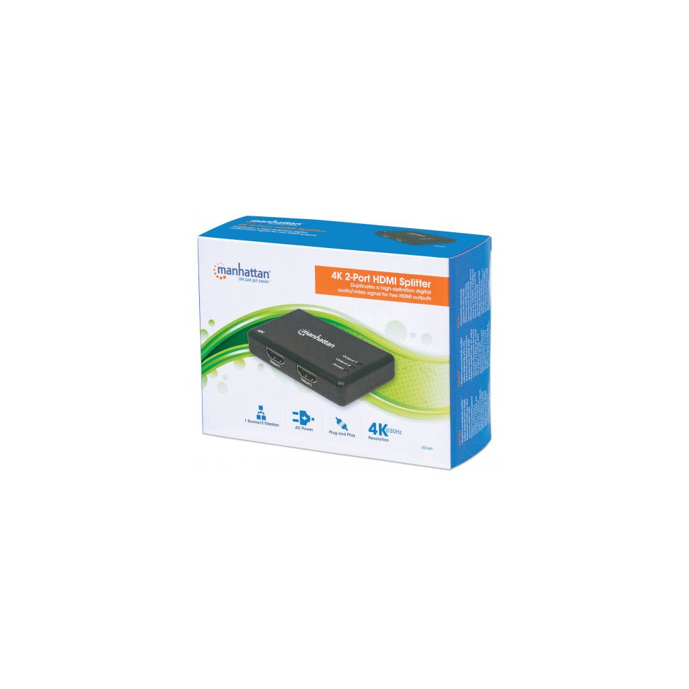 Produktbild för Manhattan HDMI Splitter 2-Port , 4K@30Hz, Displays output from x1 HDMI source to x2 HD displays (same output to both displays), AC Powered (cable 0.9m), Black, Three Year Warranty, Retail Box - video/audiosplitter - 2 portar