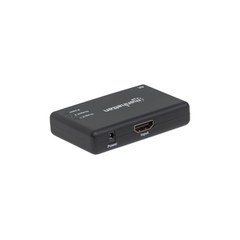Produktbild för Manhattan HDMI Splitter 2-Port , 4K@30Hz, Displays output from x1 HDMI source to x2 HD displays (same output to both displays), AC Powered (cable 0.9m), Black, Three Year Warranty, Retail Box - video/audiosplitter - 2 portar