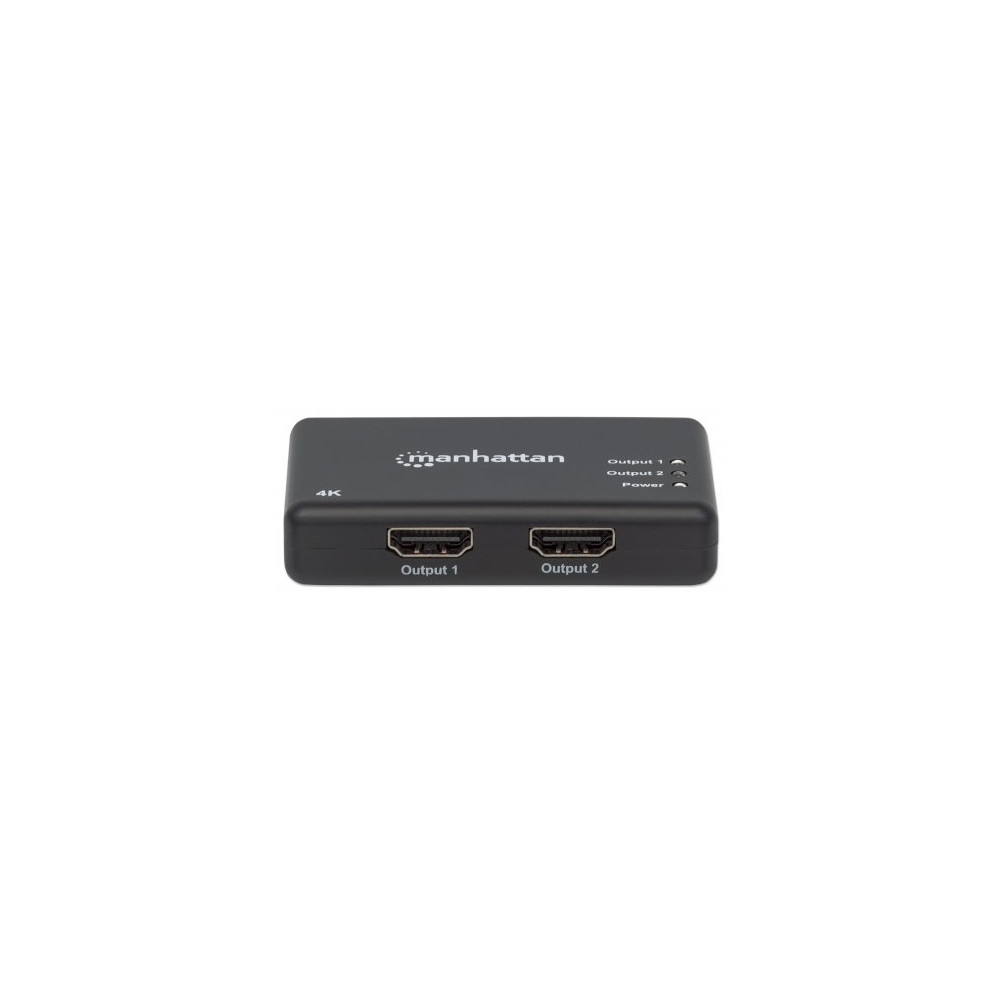 Produktbild för Manhattan HDMI Splitter 2-Port , 4K@30Hz, Displays output from x1 HDMI source to x2 HD displays (same output to both displays), AC Powered (cable 0.9m), Black, Three Year Warranty, Retail Box - video/audiosplitter - 2 portar