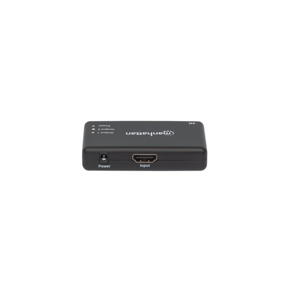 Produktbild för Manhattan HDMI Splitter 2-Port , 4K@30Hz, Displays output from x1 HDMI source to x2 HD displays (same output to both displays), AC Powered (cable 0.9m), Black, Three Year Warranty, Retail Box - video/audiosplitter - 2 portar