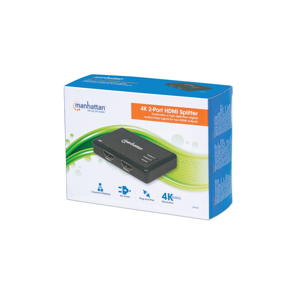 Produktbild för Manhattan HDMI Splitter 2-Port , 4K@30Hz, Displays output from x1 HDMI source to x2 HD displays (same output to both displays), AC Powered (cable 0.9m), Black, Three Year Warranty, Retail Box - video/audiosplitter - 2 portar
