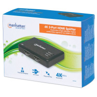 Produktbild för Manhattan HDMI Splitter 2-Port , 4K@30Hz, Displays output from x1 HDMI source to x2 HD displays (same output to both displays), AC Powered (cable 0.9m), Black, Three Year Warranty, Retail Box - video/audiosplitter - 2 portar