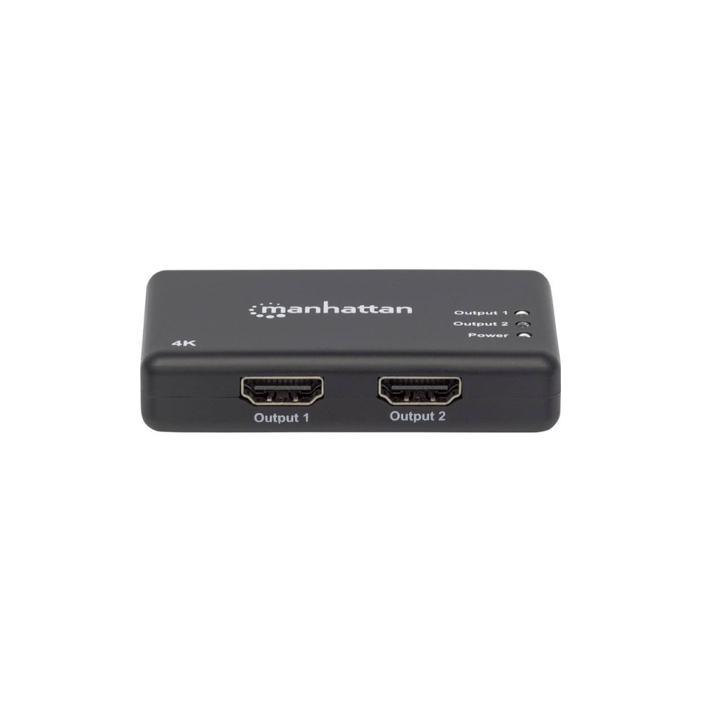 Produktbild för Manhattan HDMI Splitter 2-Port , 4K@30Hz, Displays output from x1 HDMI source to x2 HD displays (same output to both displays), AC Powered (cable 0.9m), Black, Three Year Warranty, Retail Box - video/audiosplitter - 2 portar
