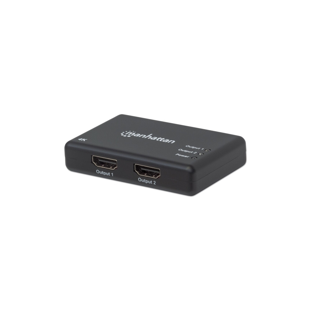 Produktbild för Manhattan HDMI Splitter 2-Port , 4K@30Hz, Displays output from x1 HDMI source to x2 HD displays (same output to both displays), AC Powered (cable 0.9m), Black, Three Year Warranty, Retail Box - video/audiosplitter - 2 portar