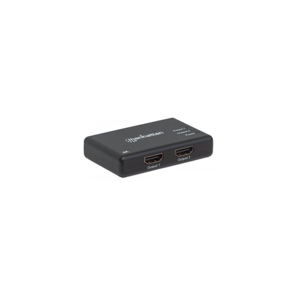 Produktbild för Manhattan HDMI Splitter 2-Port , 4K@30Hz, Displays output from x1 HDMI source to x2 HD displays (same output to both displays), AC Powered (cable 0.9m), Black, Three Year Warranty, Retail Box - video/audiosplitter - 2 portar