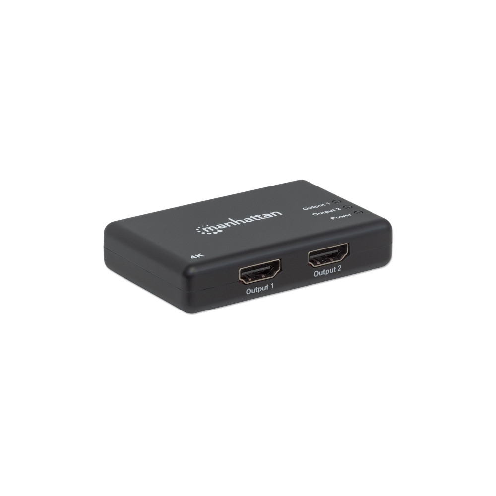 Produktbild för Manhattan HDMI Splitter 2-Port , 4K@30Hz, Displays output from x1 HDMI source to x2 HD displays (same output to both displays), AC Powered (cable 0.9m), Black, Three Year Warranty, Retail Box - video/audiosplitter - 2 portar