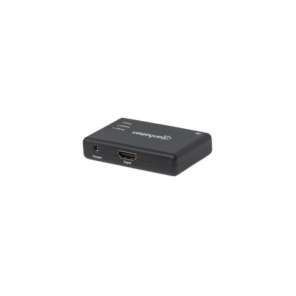 Produktbild för Manhattan HDMI Splitter 2-Port , 4K@30Hz, Displays output from x1 HDMI source to x2 HD displays (same output to both displays), AC Powered (cable 0.9m), Black, Three Year Warranty, Retail Box - video/audiosplitter - 2 portar