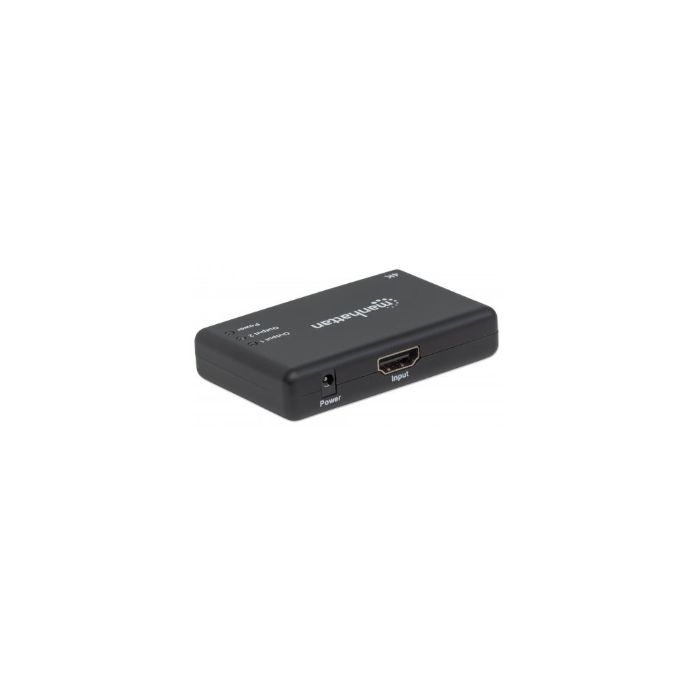 Produktbild för Manhattan HDMI Splitter 2-Port , 4K@30Hz, Displays output from x1 HDMI source to x2 HD displays (same output to both displays), AC Powered (cable 0.9m), Black, Three Year Warranty, Retail Box - video/audiosplitter - 2 portar