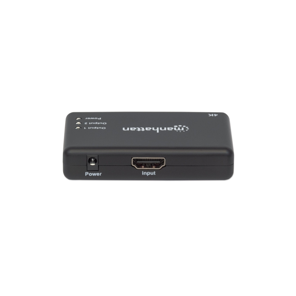 Produktbild för Manhattan HDMI Splitter 2-Port , 4K@30Hz, Displays output from x1 HDMI source to x2 HD displays (same output to both displays), AC Powered (cable 0.9m), Black, Three Year Warranty, Retail Box - video/audiosplitter - 2 portar