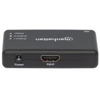 Produktbild för Manhattan HDMI Splitter 2-Port , 4K@30Hz, Displays output from x1 HDMI source to x2 HD displays (same output to both displays), AC Powered (cable 0.9m), Black, Three Year Warranty, Retail Box - video/audiosplitter - 2 portar