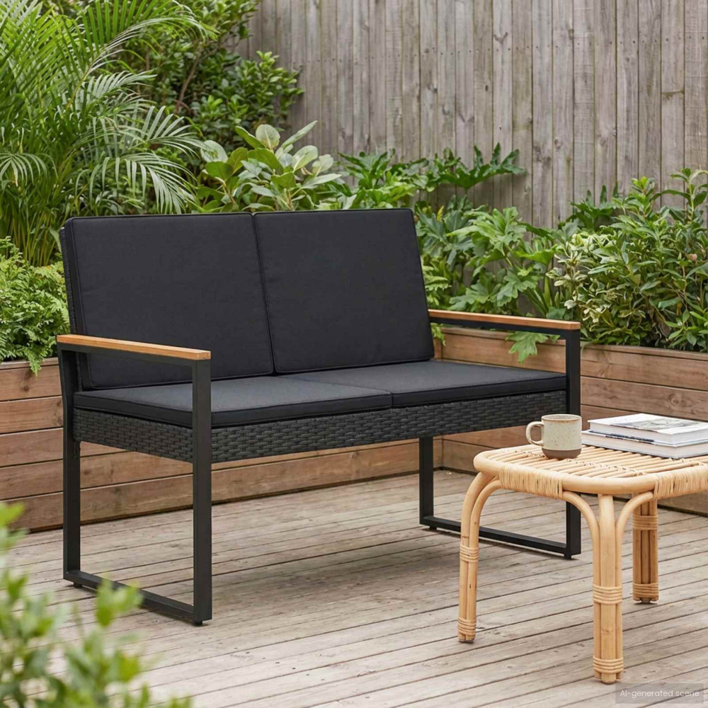 Produktbild för Utomhusbänk med kudde Svart 107 x 61 x 80 cm konstrotting