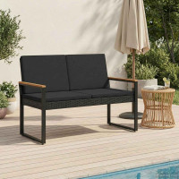 Produktbild för Utomhusbänk med kudde Svart 107 x 61 x 80 cm konstrotting