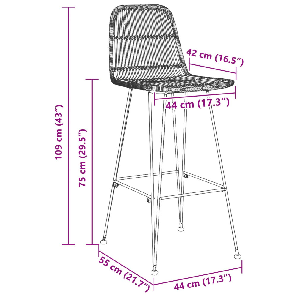 Produktbild för Barpall 2 pcs Svart 44 x 55 x 109 cm Rattan och Stål