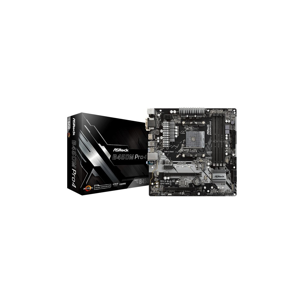 Produktbild för ASRock B450M PRO4 - moderkort - micro ATX - Socket AM4 - AMD B450