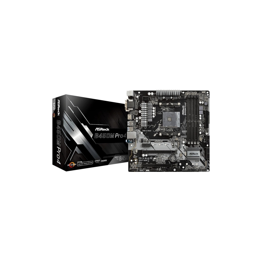 Produktbild för ASRock B450M PRO4 - moderkort - micro ATX - Socket AM4 - AMD B450