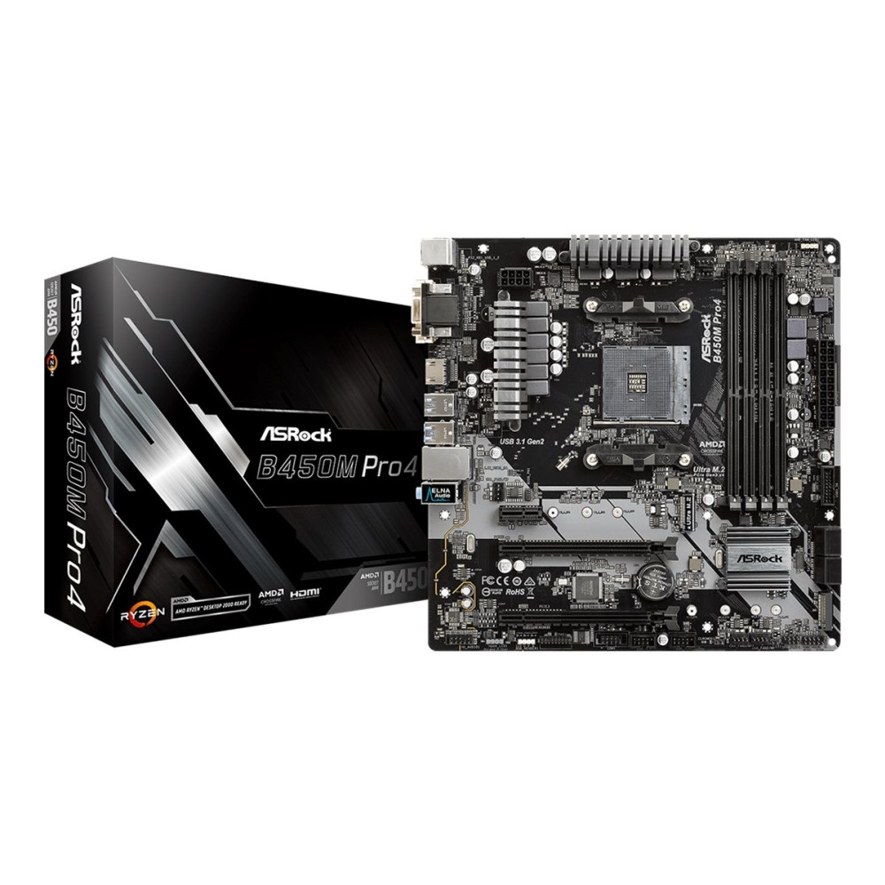 Produktbild för ASRock B450M PRO4 - moderkort - micro ATX - Socket AM4 - AMD B450