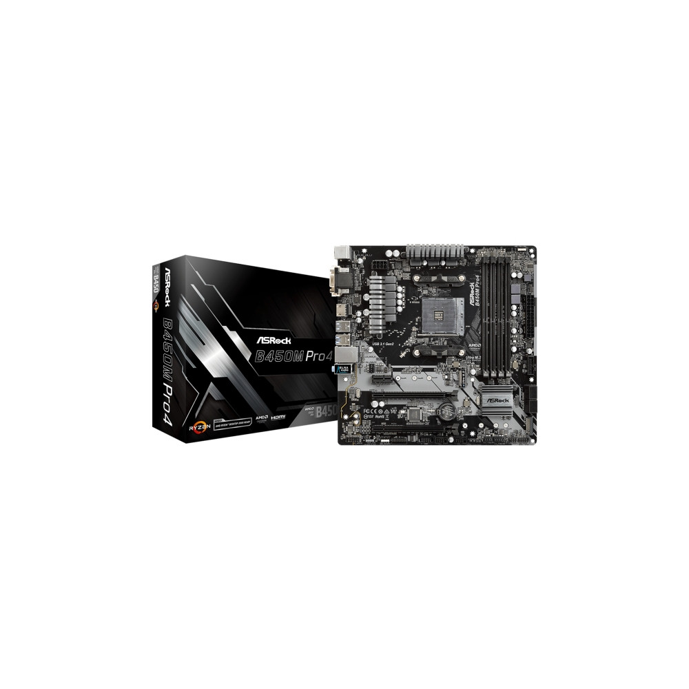 Produktbild för ASRock B450M PRO4 - moderkort - micro ATX - Socket AM4 - AMD B450