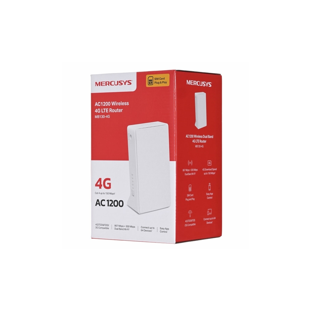 Produktbild för Mercusys MB130-4G - trådlös router - WWAN - LTE, Wi-Fi 5 - 4G - skrivbordsmodell