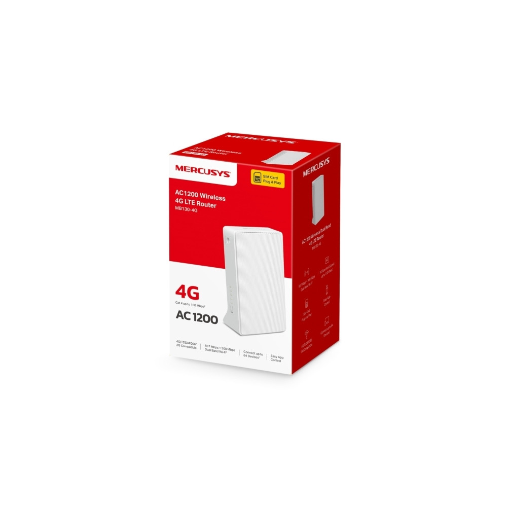 Produktbild för Mercusys MB130-4G - trådlös router - WWAN - LTE, Wi-Fi 5 - 4G - skrivbordsmodell
