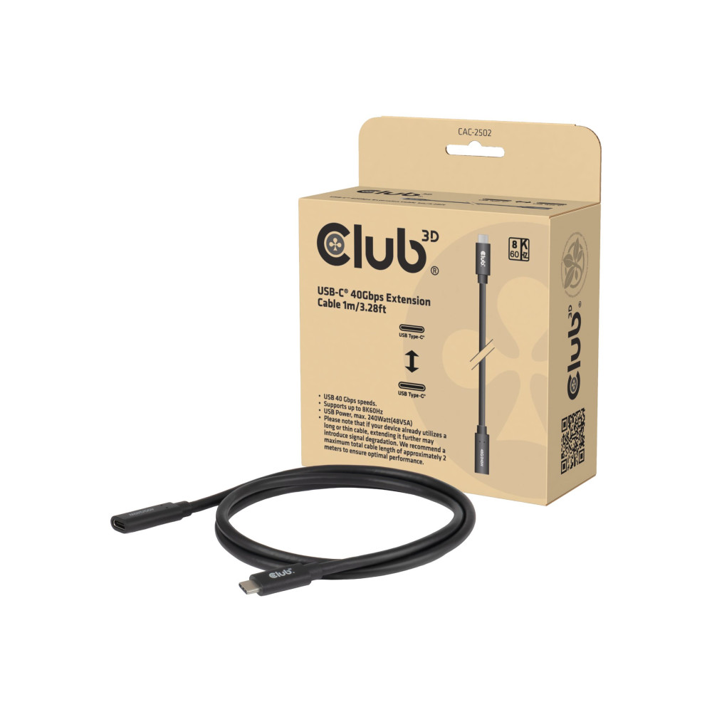 Produktbild för Club 3D CAC-2502 - USB typ C-förlängningskabel - USB-C till USB-C - 1 m