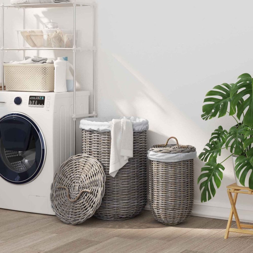 Produktbild för Tvättkorg med Lock 2 pcs Naturlig grå Kubu Rattan