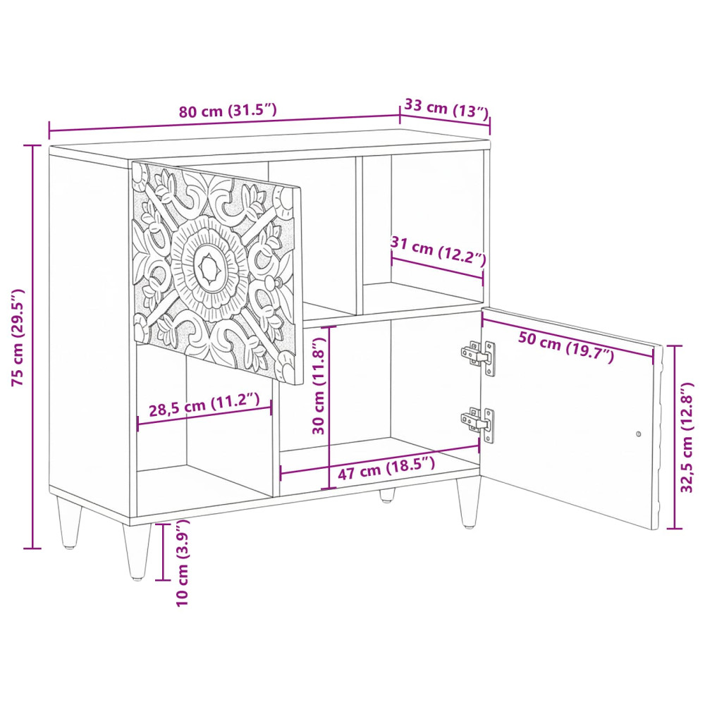 Produktbild för Sideboard med lagring Brun 80 x 33,5 x 75 cm Massivt mangoträ