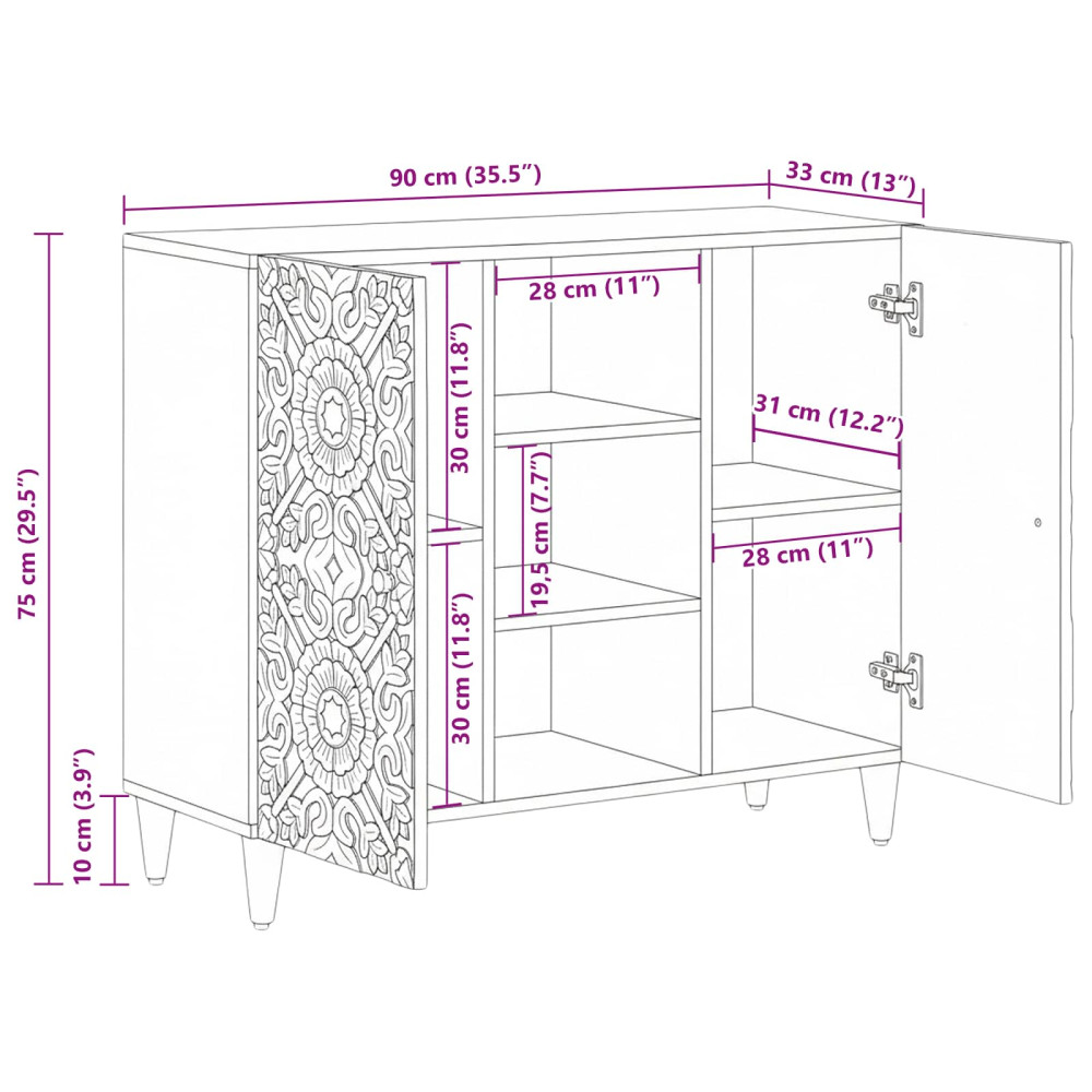 Produktbild för Sideboard med hylla Brun 90 x 33,5 x 75 cm Massivt mangoträ