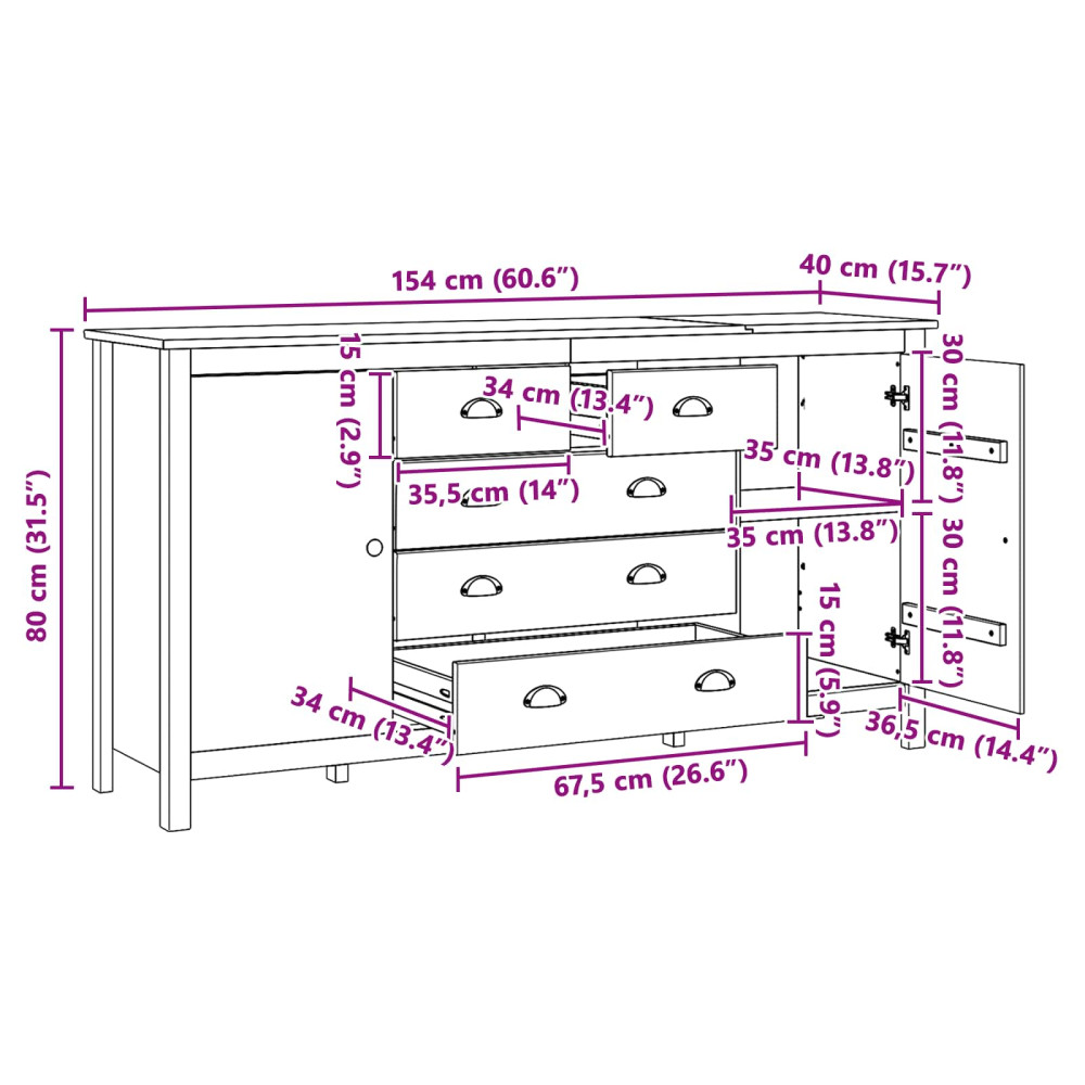 Produktbild för Sideboard HILL Honung brun 154 x 40 x 80 cm Massivt furu