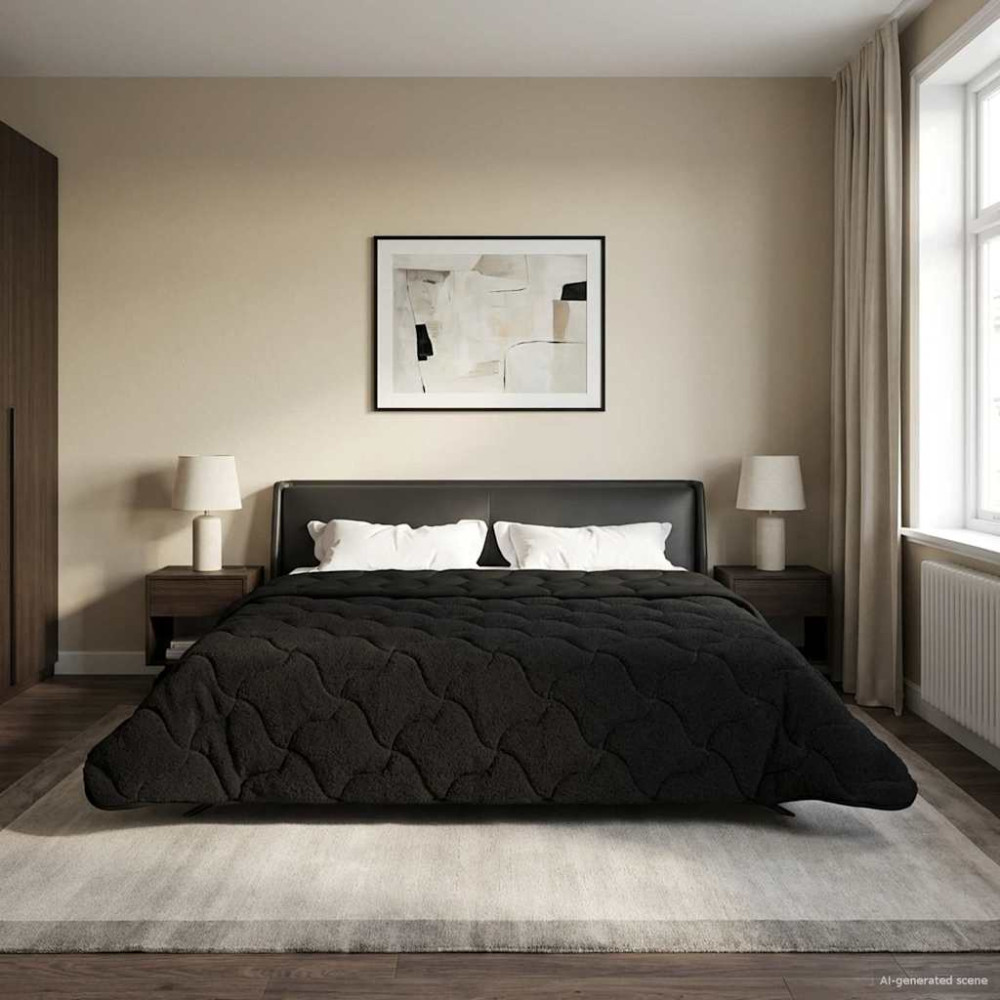Produktbild för Full Års-Duvet Svart 220 x 260 cm Mikrofiber och Teddyfleece