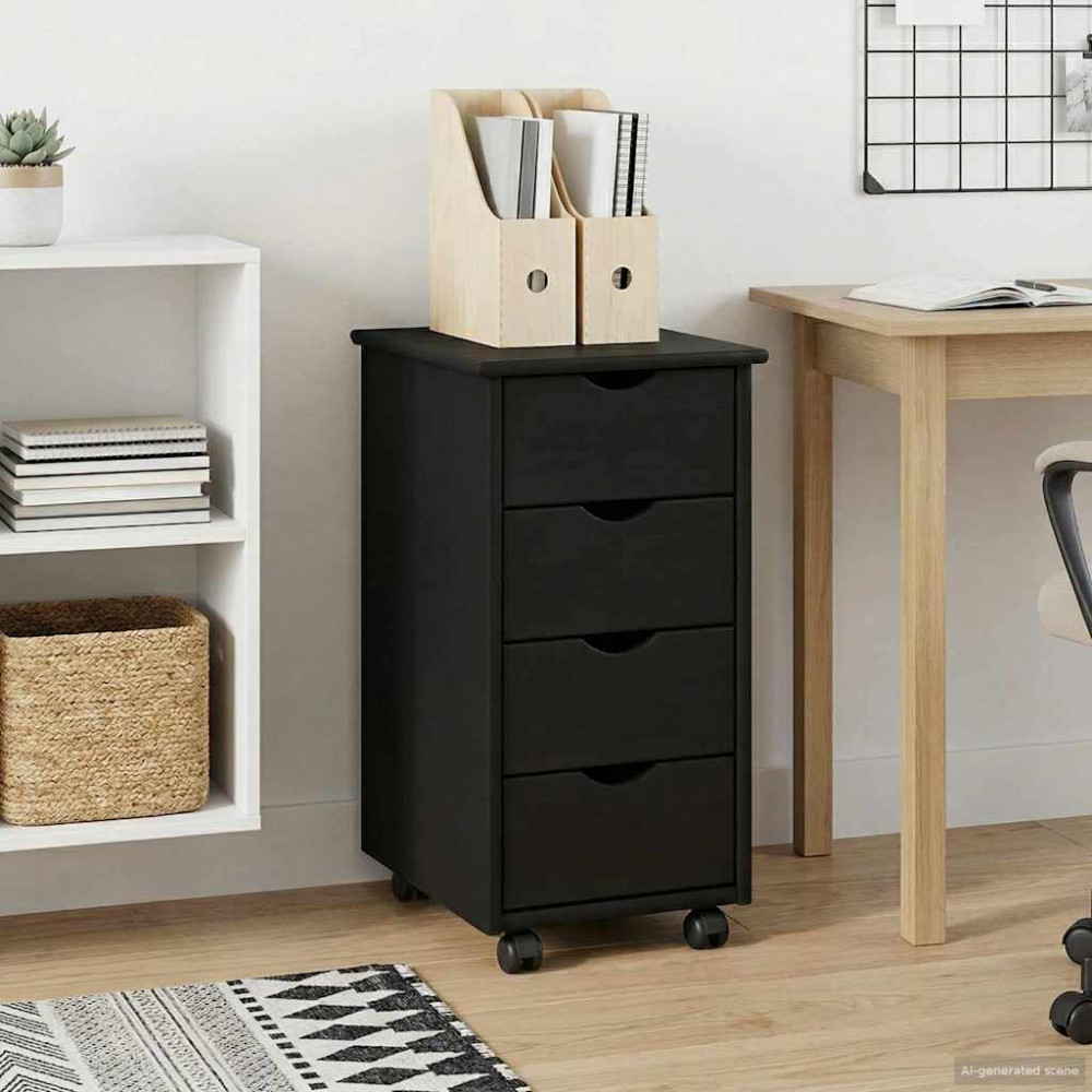 Produktbild för Rullande skåp med hjul Svart 34 x 39 x 65,5 cm Massiv furu