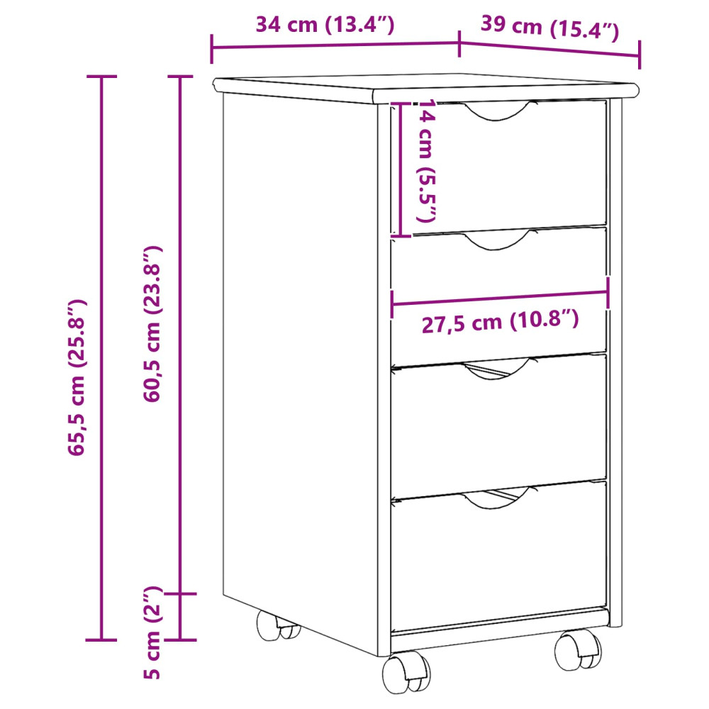 Produktbild för Rullande skåp med hjul Svart 34 x 39 x 65,5 cm Massiv furu